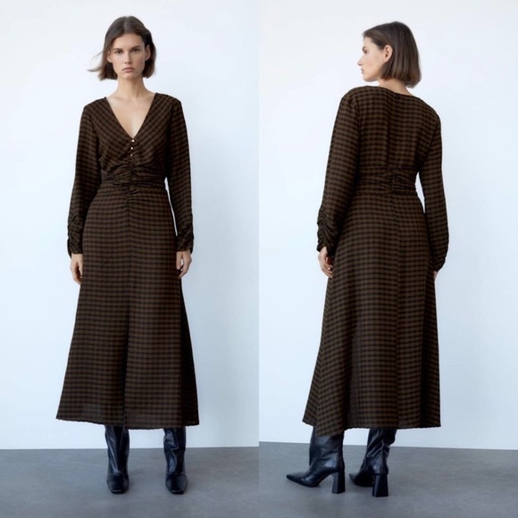 Zara Draped Plaid Midi Dress in Size Small - Picture 1 of 6